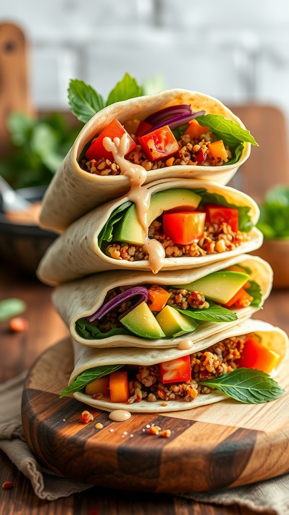 A stack of quinoa and red lentil wraps filled with fresh vegetables, served on a wooden board.
